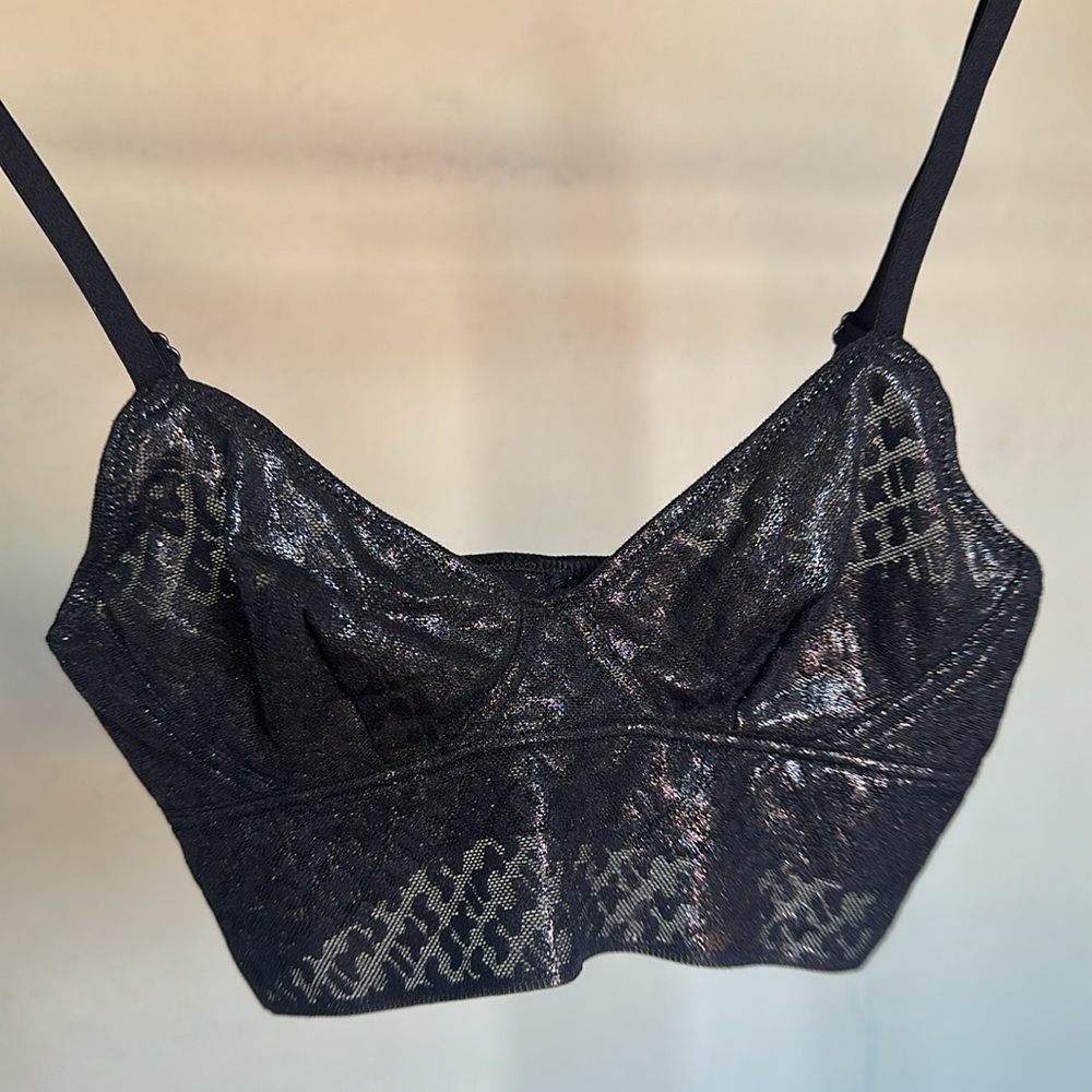 NWT Skims MeshTriangle Bralette shiny sparkly skims logo Onyx Black size XXS